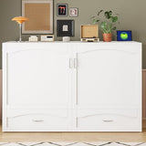 MERITLINE Queen Size Murphy Bed with Storage Drawer Wood Home Office Wall Bed Cabinet with Sockets & USB Ports, Space-Saving for Multipurpose Guest Room White MERITLINE