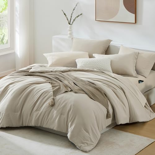 WRENSONGE Oversized Queen Comforter Set - 7 Pieces Light Oatmeal Bed in a Bag Queen with Sheets, 2 Pillow Shams, and 2 Pillowcases- Warm Bedding Sets Queen for All Season WRENSONGE