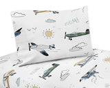Sweet Jojo Designs Vintage Airplane Boy Twin Sheets Set Single Size Bed Flat Fitted Sheet Pillow Case Kids Childrens Teenager Bedding 3pc Grey Green Blue White Yellow Airplanes Transportation Clouds Sweet Jojo Designs