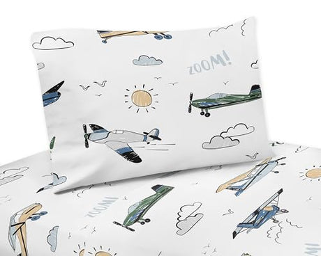 Sweet Jojo Designs Vintage Airplane Boy Twin Sheets Set Single Size Bed Flat Fitted Sheet Pillow Case Kids Childrens Teenager Bedding 3pc Grey Green Blue White Yellow Airplanes Transportation Clouds Sweet Jojo Designs
