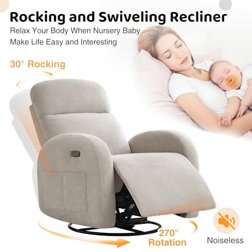 AEMEIOS Nursery Glider Recliner, Power Swivel Rocking Recliner with USB & Type-C Port, Swivel Nursering Reclining Rocker with Double Pockets for Living Room, Camel Chenille