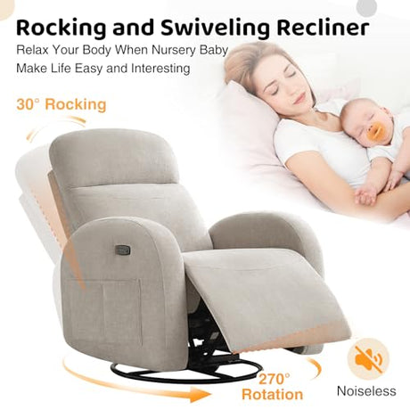 AEMEIOS Nursery Glider Recliner, Power Swivel Rocking Recliner with USB & Type-C Port, Swivel Nursering Reclining Rocker with Double Pockets for Living Room, Camel Chenille AEMEIOS