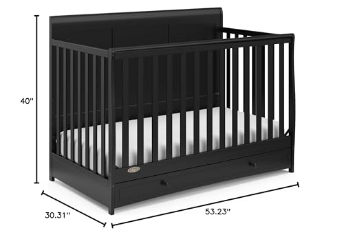 Graco Asheville 5-in-1 Convertible Crib with Drawer (Black) – GREENGUARD Gold Certified, Crib with Drawer Combo, Full-Size Nursery Storage Drawer, Converts to Toddler Bed, Daybed and Full-Size Bed Graco