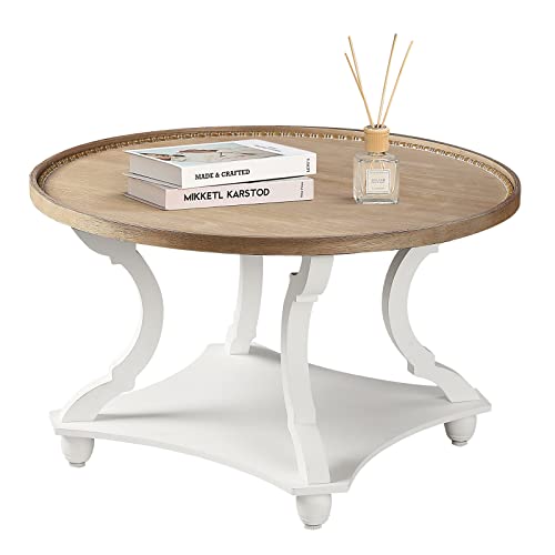 Wnutrees Farmhouse Round Coffee Table,Wood Tray Top Circle Coffee Table with Storage Shelf Rustic Style for Living Room and Vintage Finish,White Wnutrees