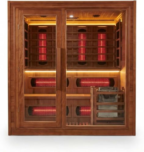 ZONEMEL Indoor Luxury Sauna – Dual Dry & Wet System, Canadian Red Cedar, Infrared Carbon Heating, 4-5 Person, 220V, 6KW Harvia Stove, 10 Heaters, WiFi Control, LED Ambient Lights, 71″W × 59″D × 74.8″H ZONEMEL