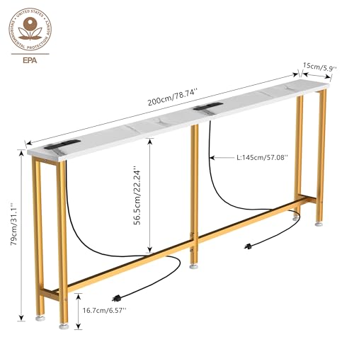Keelian 78Inch Console Table with Outlet, Sofa Table with Charger,Skinny Hallway Table, Narrow Entryway Table,Table Behind Sofa,for Living Room,Gold & White Keelian