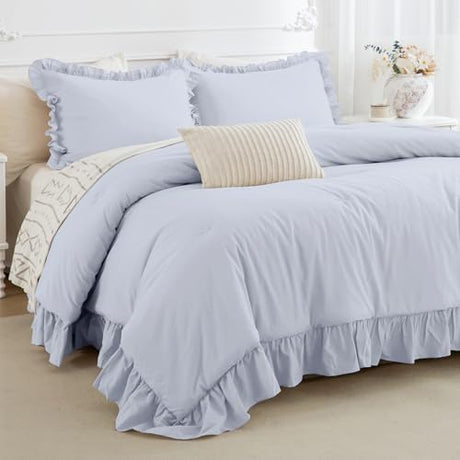 CozyTide Cotton King Comforter Set,Farmhouse Cornflower Blue Shabby Ruffle Bedding Comforter Lightweight Ultra Soft Vintage Ruffled Rustic Bedding for All Season CozyTide
