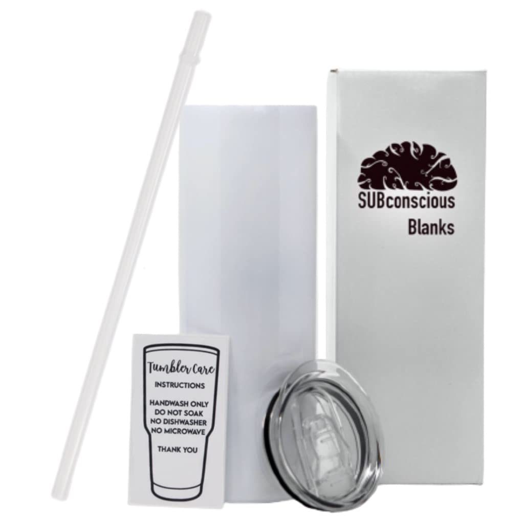 10 Pack 20oz Sublimation White Straight Skinny Tumbler with Plastic Straw, Sublimation Tumblers for Heat Transfer DIY, Sublimation Blanks, Mugs, Double Walled Stainless Steel Travel SUBconscious Blanks