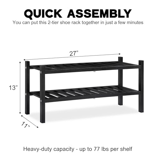 VICTORY RELAX 2 Tier Acacia Wood Shoe Rack, Shoe Storage Shelf, Stackable Organizer for Closet, Entryway Shoe Stand, Hallway, Garage, Wooden Shoe Storage Rack, Indoor, Outdoor (Black) VICTORY RELAX