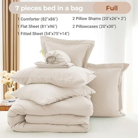 MUXHOMO 7 Pieces Full Comforter Set, Soft Bed in a Bag Full Size, All Season Bedding Set with Comforter, Flat Sheet, Fitted Sheet, Pillowcases & Shams, Beige MUXHOMO