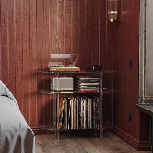 HMYHUM Acrylic Record Player Stand with Vinyl Storage, 35.4" L x 15.7" W x 30.1" H, Large Turntable Stand Table Holds Up to 200 Albums, 3-Tier Clear Vinyl Record Holder for Living Room, Bedroom HMYHUM