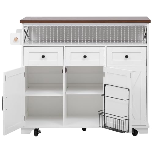 Ball & Cast Farmhouse Kitchen Island with Drape of Beads & Power Outlet, Rolling Kitchen Cart on 5 Wheels, 3 Drawers, Internal Iron Shelf & Towel Rack, for Kitchen & Dining Room, White Ball & Cast