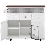 Ball & Cast Farmhouse Kitchen Island with Drape of Beads & Power Outlet, Rolling Kitchen Cart on 5 Wheels, 3 Drawers, Internal Iron Shelf & Towel Rack, for Kitchen & Dining Room, White Ball & Cast