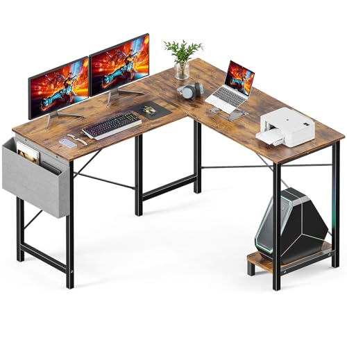 DUMOS L Shaped Desk Computer Gaming Corner Table 50 Inch Home Office Writing Student Work PC Workstation with Side Storage Bag CPU Stand for Bedroom Small Spaces DUMOS