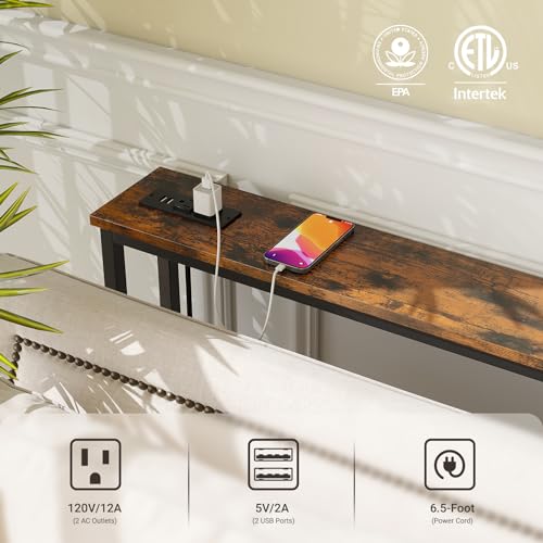 ELYKEN 5.9" Narrow Console Sofa Table with Power Outlets and USB Port, 5.9" Dx39.4 Wx31.1 H Long Behind Couch Table with Metal Frame and 6.5’ Extension Cord, Rustic Brown ELYKEN