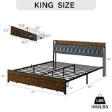 Sismplly King Size Metal Platform Bed Frame with 2 Storage Drawers & LED Light, Upholstered Headboard with Charging Station, No Box Spring Needed, Brown Wood Panel Sismplly