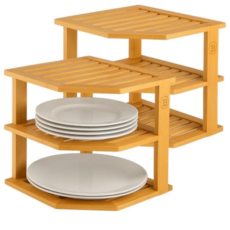2-Pack Plate Organizer for Cabinet - Bamboo Corner Shelf for Kitchen or Bathroom Storage, Space-Saving Rack for Dishes, Countertop, Cabinet, Pantry - Organization & Housewarming Gift Bambüsi