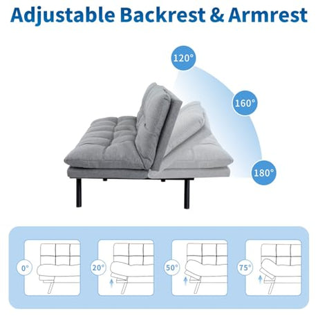MUUEGM Futon Sofa Bed, 71" Convertible Linen Memory Foam Couch Bed, Modern Backrests Armrests Love Seat for Living Room,Apartment,Office,Light Grey Sleeper Couch MUUEGM