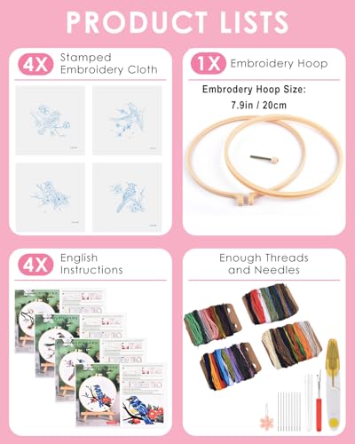 TINDTOP Embroidery Kit for Adults, Flowers and Bird Embroidery Practice Kits for Beginners Adults Include Embroidery Cloth Hoops Threads for Craft Lover Hand Stitch TINDTOP