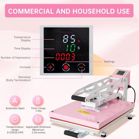Heat Press Machine 16x24 Slide Out, Auto Open Semi Automatic Sublimation Transfer for T-Shirts, Bags, Ceramics (16x24 Auto Open Pink) TransferMuse