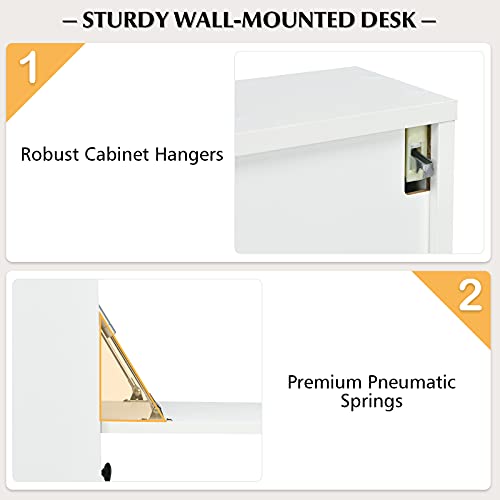 COSTWAY Wall-mounted Computer Desk, Floating Desk with Storage Drawer & Shelves, Fold-up Desktop & Pneumatic Springs, Ideal for Home, Office, Dormitory, Small Spaces (White) COSTWAY