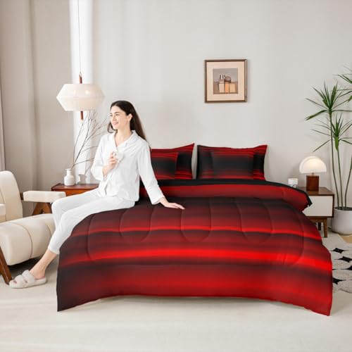 Erosebridal Red Black 7 Piece Bedding Set Twin Ombre Comforter Set with Sheets Abstract Teens Art Gradient Bed in A Bag Kids Girls Boys Bed Sets Erosebridal