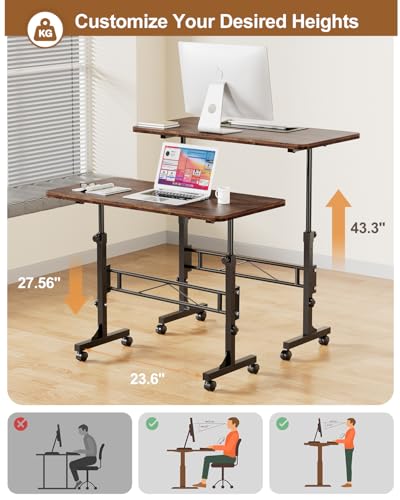 Amztabler Small Standing Desk Adjustable Height, Mobile Stand Up Desk with Wheels, 32 Inch Portable Rolling Desks for Walking Pad Treadmill Wood Rustic Amztabler