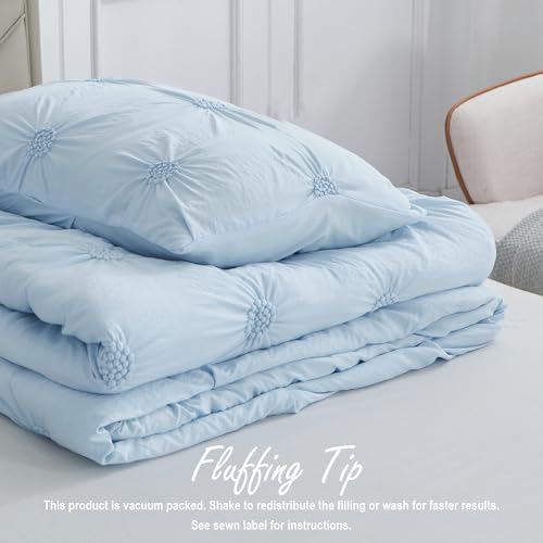Swift Home Twin/Twin XL Baby Blue Comforter Set - Ruched 3D Floral Pintuck Bedding Set - 2 Pieces Bed Linen, 1 Comforter and 1 Pillow Sham Swift Home