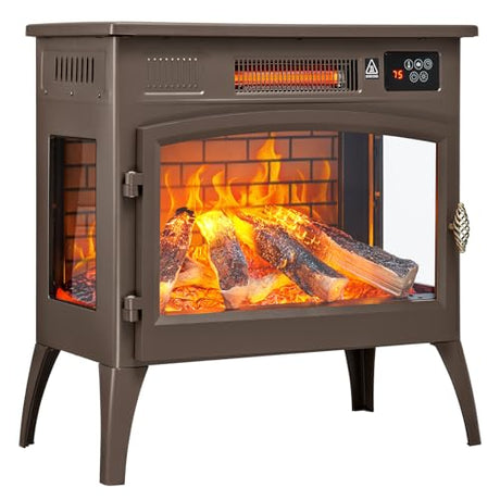 24″ Freestanding Electric Fireplace Stove with 3D Flame Effect and 6 Flame Color, 1000/1500W Infrared Fireplace Stove, 5200 BTU Electric Fireplace Heater with Remote and Timer for Indoor, Brown ONBRILL