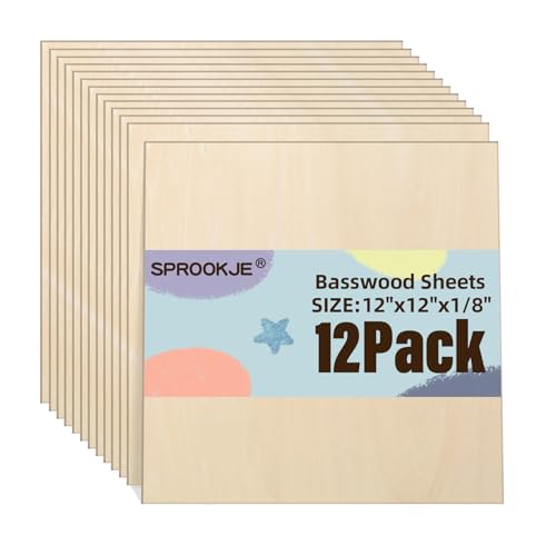12 Pack Basswood Sheets 12"x12"x1/8", 3mm Basswood for Laser Cutting and Engraving, Unfinished Wood for Crafts, DIY Ornaments and Architectural Models, Wood Burning SPROOKJE