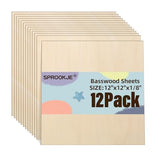 12 Pack Basswood Sheets 12"x12"x1/8", 3mm Basswood for Laser Cutting and Engraving, Unfinished Wood for Crafts, DIY Ornaments and Architectural Models, Wood Burning SPROOKJE