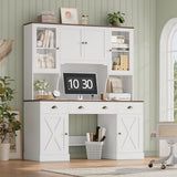 Keyluv 75" Executive Desk with Hutch and Drawers, Computer Desk with Glass Door and Storage Cabinet, 63" W Large Farmhouse Workstation for Home Office Study Writing Gaming Table, White Keyluv