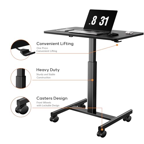 CROWNFURN Mobile Small Standing Rolling Desk Adjustable Height, Portable Laptop Desk on Wheels, Workstation for Home Office with Hook,Black CROWNFURN