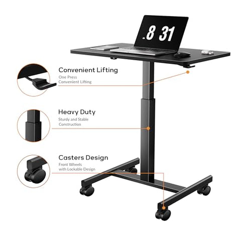 CROWNFURN Mobile Small Standing Rolling Desk Adjustable Height, Portable Laptop Desk on Wheels, Workstation for Home Office with Hook,Black CROWNFURN