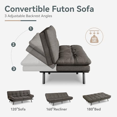 AMICLIBER Futon Sofa Bed Convertible Couch, Grey Linen Sofa Bed with Memory Foam, Adjustable Backrest & Armrests, Multifunctional Small Loveseat Sleeper Sofa for Living Room, Apartment, Office AMICLIBER
