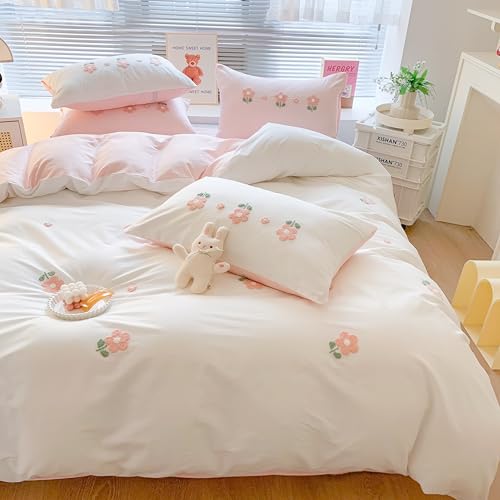 MorroMorn Twin Duvet Cover Cotton, 3D Embroidery Twin Bedding Sets, Cute Chenille Embroidered Comforter Covers Summer Blanket Soft Dry Sweat-Absorb for Girls Kids Teen (Flowers White, Twin/Twin XL) MorroMorn