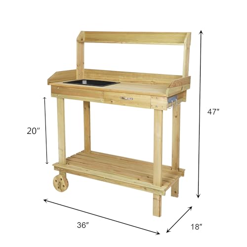 LUCKYERMORE Potting Bench Table Wooden Gardening Plant Workstation Natural Solid Wood Garden Potting Station w/Wheels and Drawer Sink Hook Open Shelf for Outside Patio Lawn Garden, Banco para macetas LUCKYERMORE