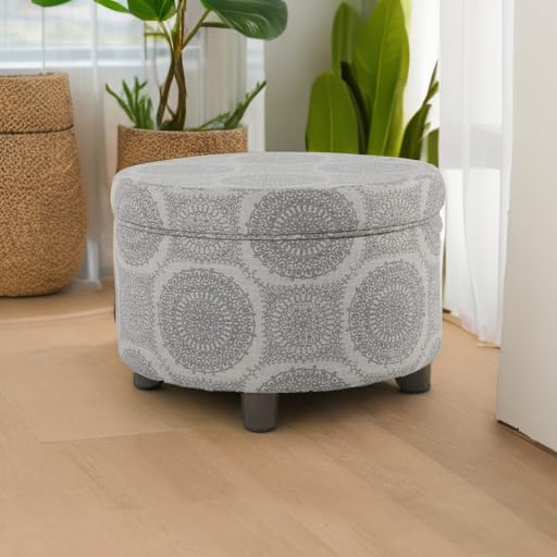 Homepop Home Decor | Upholstered Round Storage Ottoman | Ottoman with Storage for Living Room & Bedroom (Grey Medallion) 24.0 In. X 24.0 In. X 17.0 In. HomePop