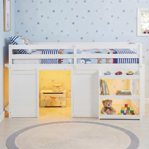 Giantex Loft Bed Twin Size with LED Lights, Wooden Low Bed Frames for Kids w/2 Doors, Under-Bed Play Space & Storage Bookcase, Modern Bedframe with Ladder & Safety Guardrail for Boys Girls (White) Giantex