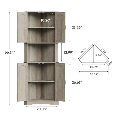 Maupvit Tall Corner Cabinet, Farmhouse Corner Storage Cabinet with 4 Barn Doors and Adjustable Shelves, Storage Pantry Cabinet for Kitchen, Living Room, Laundry Room, Grey Maupvit