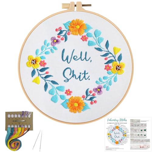 Louise Maelys Funny Embroidery Kit for Beginners,Adults Cross Stitch Kits with Flower Wreath Pattern,Needlepoint for Starters Including Cloth,Hoop,Instruction and Threads