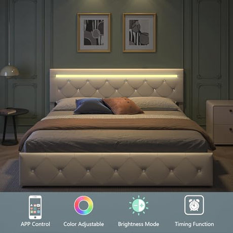 Forrise Bed Frame Full Size with LED Light and Storage Drawers, Adjustable Headboard with PU Leather Upholstered, 2 Sockets and 2 USB Ports, No Box Spring Needed,Wooden Slats Support, White. Forrise