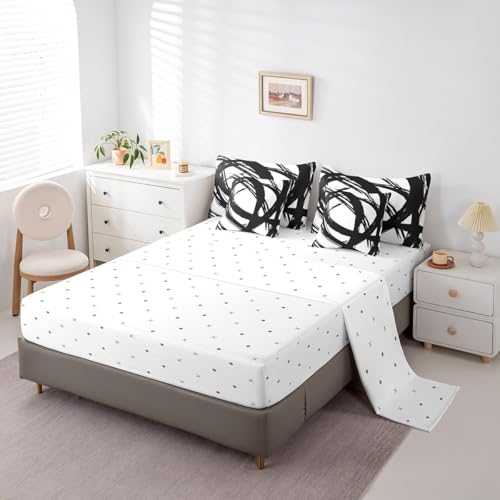 7Pcs Black and White Abstarct Bed in A Bag Full for Adult Women Men, Geometric Striped Comforter Set for Minimalists,Graffiti Aesthetic Lines Bedding Set,Contemporary Boho Modern Bed Sheets Erosebridal