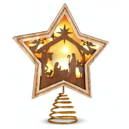 Craftsatin 9.2 x 7.8 Inch Brown Wood Christmas Tree Topper Golden Star Nativity Tree Topper Star of Bethlehem with LED Light for Christmas Party Decoration Tabletop Display Housewarming Birthday Gift