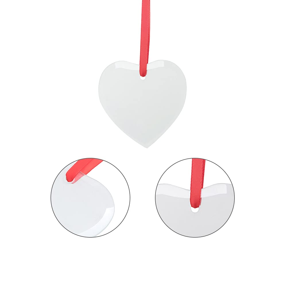 PYD Life 24 PCS Sublimation Ornament Blanks Glass 3 Inch Heart Shaped Ornament with Red Ribbon for DIY Crafting Personalized Home Christmas Decor Bulk PYD Life