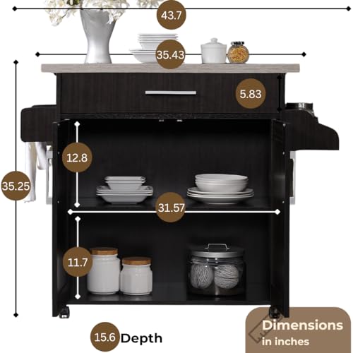 Hodedah Rolling Wood Kitchen Island Cart with Spice Rack, Towel Rack, Utensil Drawer plus Cabinet, White with Beech Top Hodedah