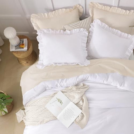 Andency Comforter Full Size Set White, 3 Pieces Ruffle Farmhouse Shabby Chic Gift Full Comforter Set, Soft Lightweight Fluffy All Season Room Decor Bed Set for Girls Women Teens Daughter Andency