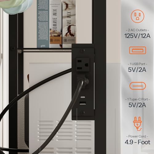 HOOBRO Bakers Rack with Power Outlet and LED Light, Microwave Stand with Sliding Barn Door, Coffee Bar Cabinet with 6-S Hooks, Kitchen Storage Shelf with Cabinet, Rustic Brown and Black BF23UDHB01