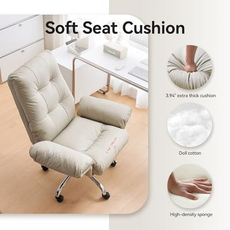 EMIAH Office Chair with Foot Rest Criss Cross Chair with Wheels and Flip-up Arms Reclining Desk Chair Comfy Wide Seat PU Leather Rolling Computer Home Office Chair (Beige) EMIAH
