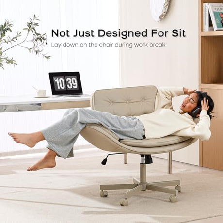 amseatec Criss Cross Chair with Armrests & Wheels, PU Leather Vanity Chair, Comfortable Adjustable Swivel Computer Office Desk Chairs for Home, Make Up, Bed Room (Cream) amseatec